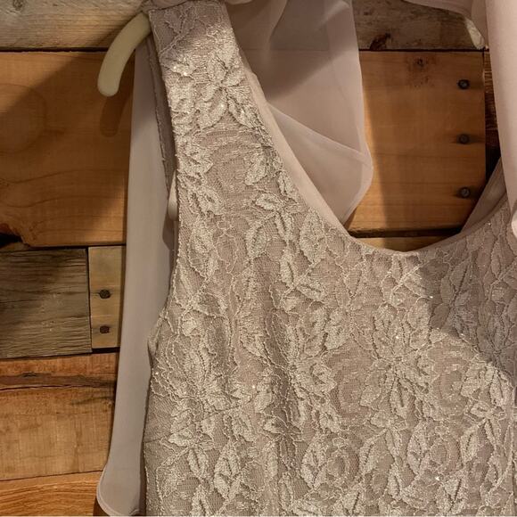 JESSICA HOWARD Short Glitter Lace Dress With Chiffon Capelet In Champagne Sz 12 - Picture 7 of 15